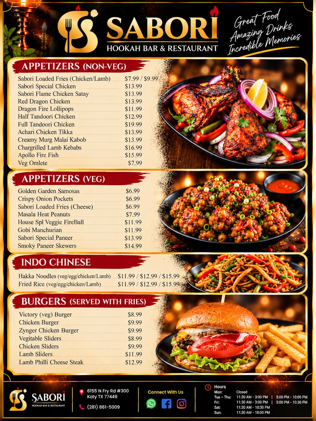 Sabori Menu Page 1 - Appetizers, Indo Chinese, Burgers