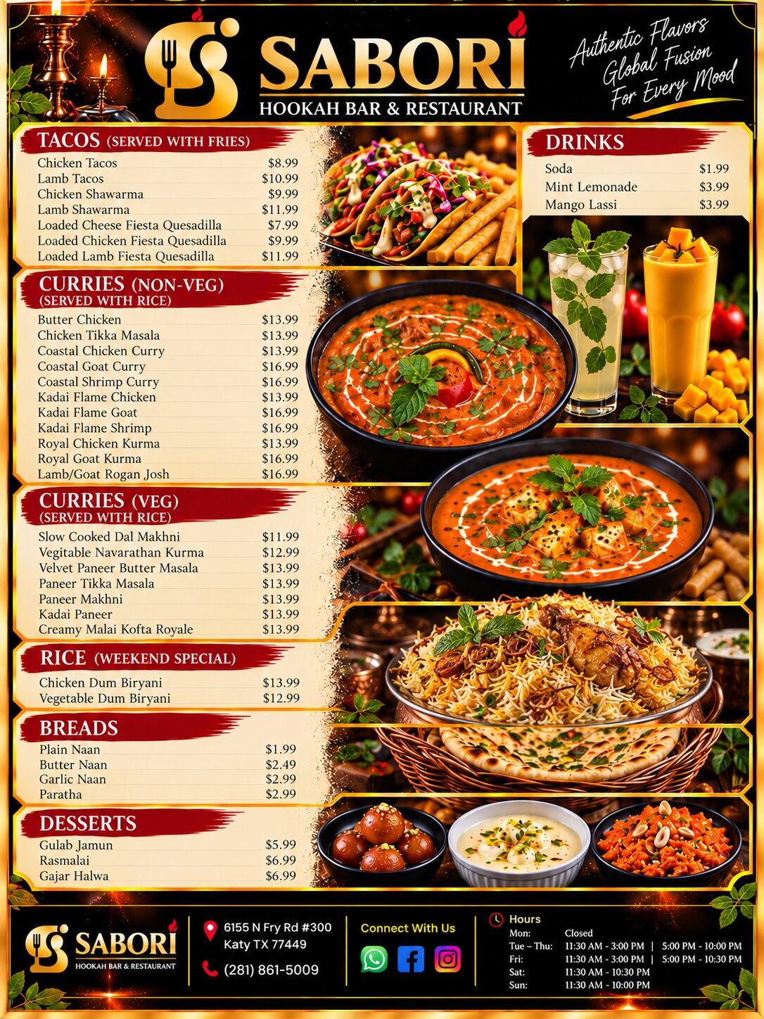 Sabori Menu Page 2 - Tacos, Curries, Rice, Breads, Desserts and Drinks